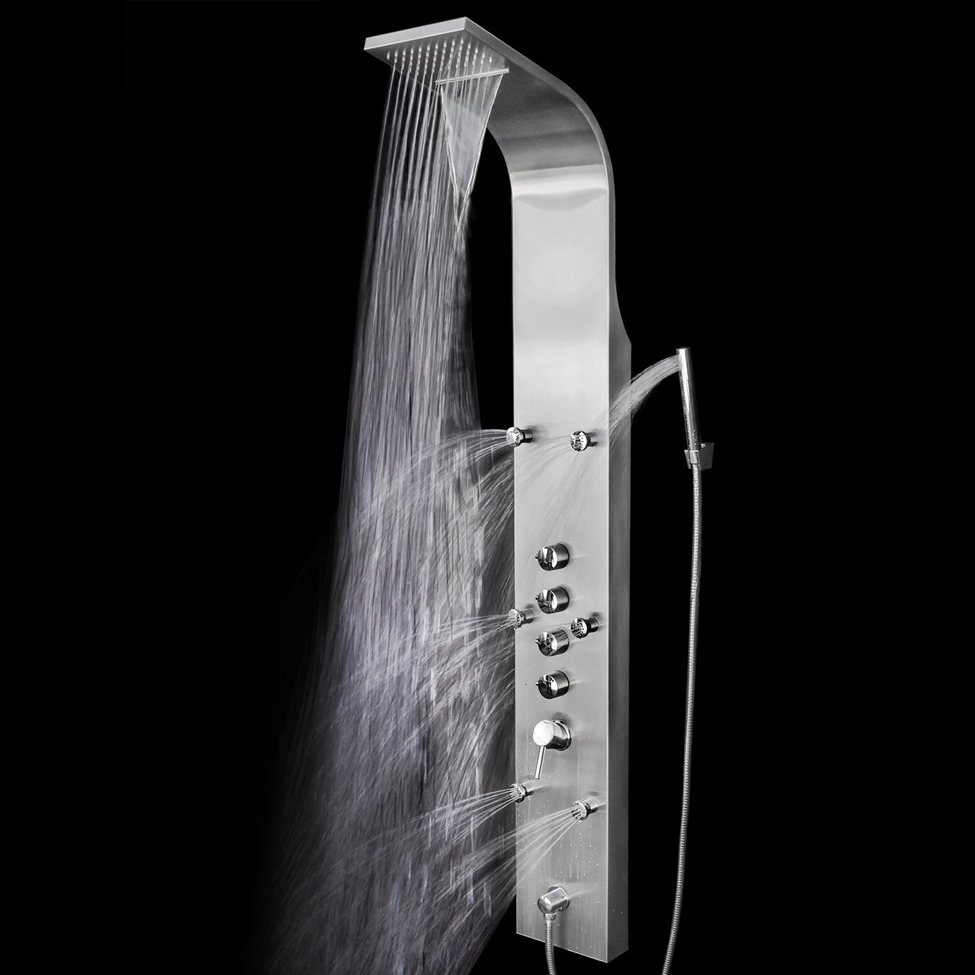 AKDY 63 Stainless Steel Thermostatic Rainfall Waterfall Style Multi-Function Shower Tower Panel Massage System w//Handheld Wand